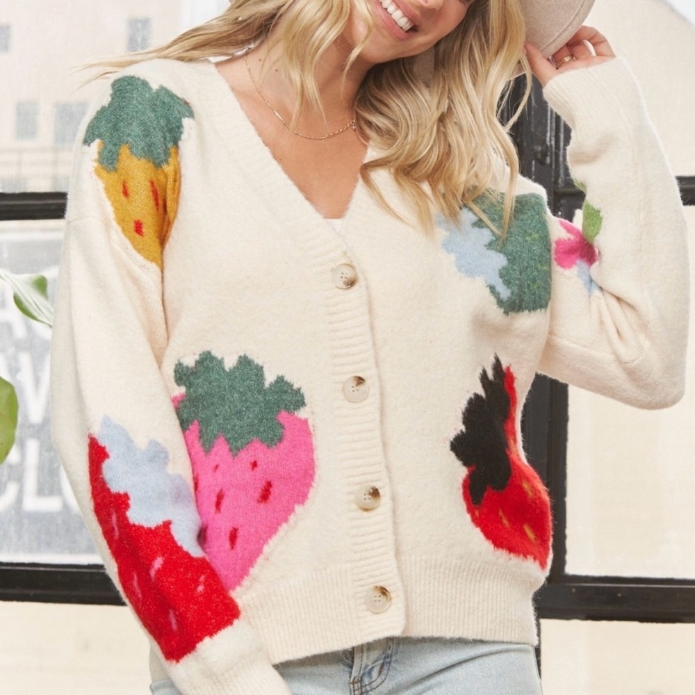 ADORA Cream Multicolor Strawberry Cardigan